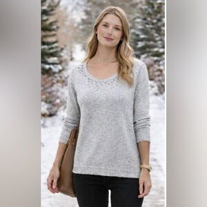Guess Gray Rhinestone Scoop Neck Sweater | Soft Knit 3/4 Sleeve Top